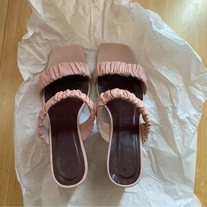 STAUD Pink Ruched Two-Band Slide Mules